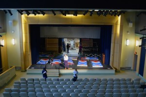 Stage crew working on students New Plays Festival 2016 featuring plays written by students, Sat-Mon, March 5-7th, 7:30 pm, Keith Auditorium. // Photo by S. Divris